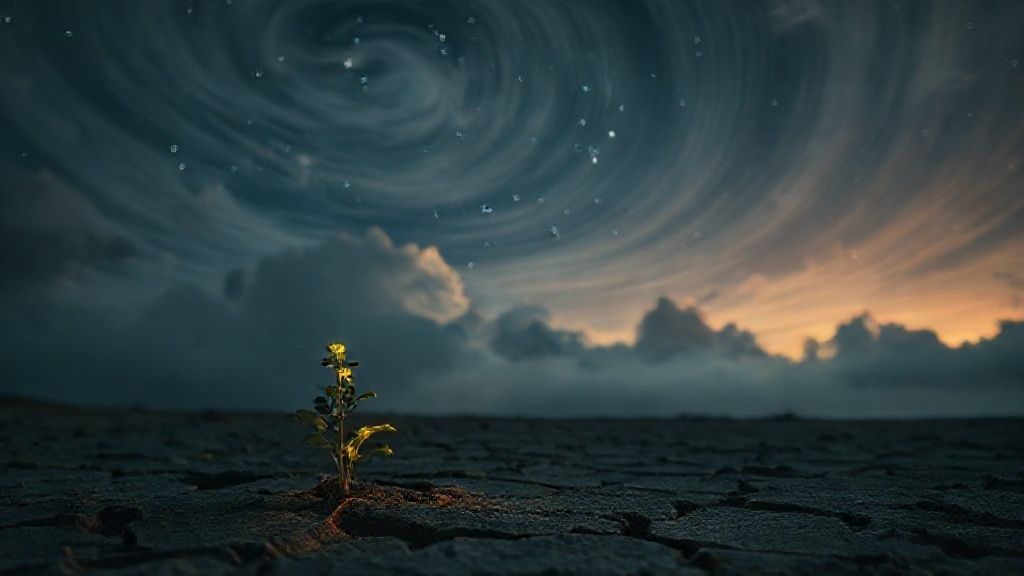A lone, glowing herb sprouts from cracked earth under a swirling night sky. Hidden stars peek through soft, ethereal clouds, casting a warm, cinematic light.