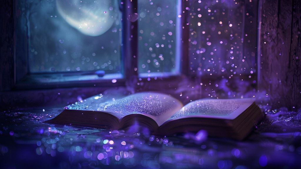 A lone, glowing journal rests open in a lavender-infused bath, moonlight cascading through a window. Ethereal, shimmering light reflects on droplets, mystical ambiance, dark indigo hues.