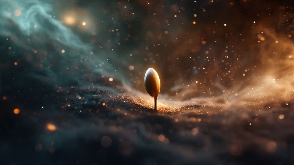A lone, glowing seed in deep space, slowly unfurling amidst swirling cosmic dust. Soft, celestial light bathes the seed, hinting at new growth and hidden potential. Mysterious and ethereal.