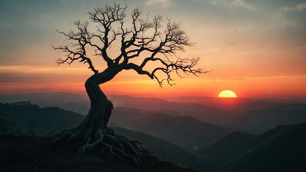 A lone, gnarled tree reaching towards a fiery, yet gentle, sunrise peeking over a shadowed valley. Ethereal light bathes the scene, highlighting resilient roots grasping dark earth, cinematic, 4k.
