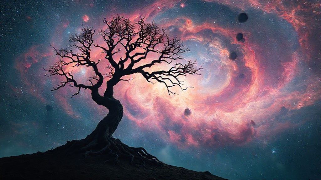 A lone, gnarled tree silhouetted against a vibrant, swirling nebula. Its roots grasp earth, defying the cosmic chaos. Ethereal light bathes the scene. Cinematic, 4k. Mystic.