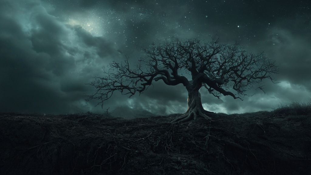 A lone, gnarled tree, roots piercing dark earth, reaching for a stormy, starless sky. Whispers of ethereal light illuminate a single, fragile seed, symbolizing a hidden new beginning. Mystic, 4k, cinematic.