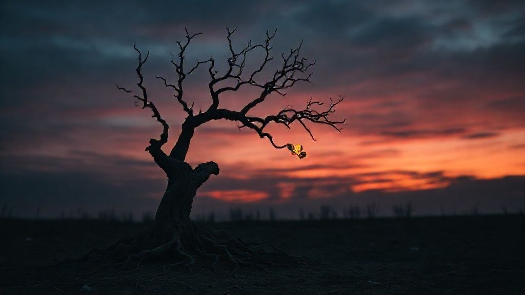 A lone, gnarled tree, silhouetted against a bruised twilight sky. Roots claw at barren earth, a single fragile leaf illuminated by a faint, internal golden glow. Mystic, ethereal, 4k, cinematic lighting.