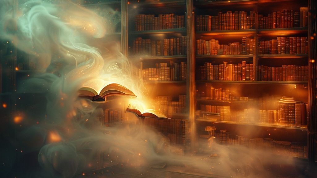 A lone, illuminated bookshelf overflowing with softly glowing books. A swirling mist of light surrounds the shelf, highlighting a single, open book revealing a hopeful, ethereal landscape within. Warm colors, mystical style.