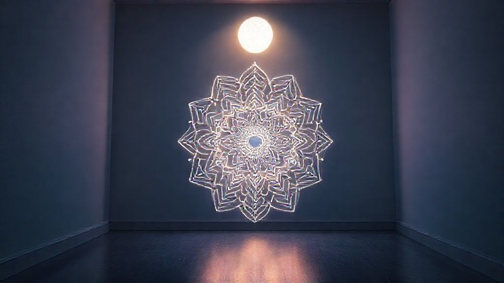 A lone, intricate mandala, glowing softly in a moonlit room. Fine, detailed lines are illuminated by ethereal light, reflecting the quietude and healing with a palette of blues, purples, and gold.