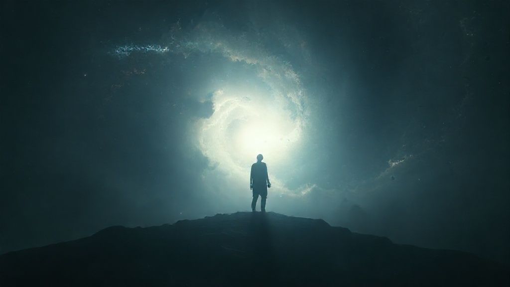 A lone, luminous figure explores a shadowy, swirling nebula. Light fractures, revealing inner landscapes and the illusion of certainty, fading into self-reflection. Mystic, ethereal, 4k, cinematic.