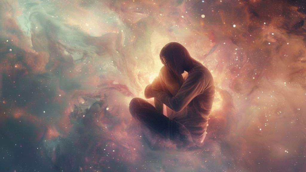 A lone, luminous figure sits bathed in soft, celestial light amidst a swirling nebula. They embrace themselves, surrounded by gentle, pastel colors, embodying self-compassion. Mystic, ethereal, 4k, cinematic lighting.