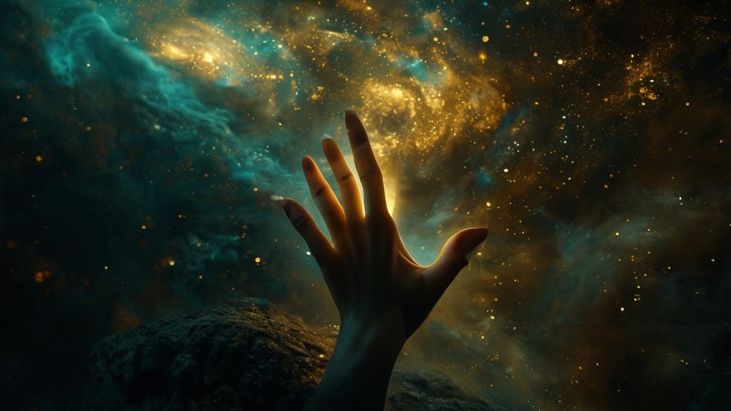 A lone, luminous hand reaching upwards from a shadowed ravine, fingers tracing light. Above, a swirling nebula of gold and deep blues, hinting at unseen guidance. Mystic, ethereal, 4k, cinematic lighting.