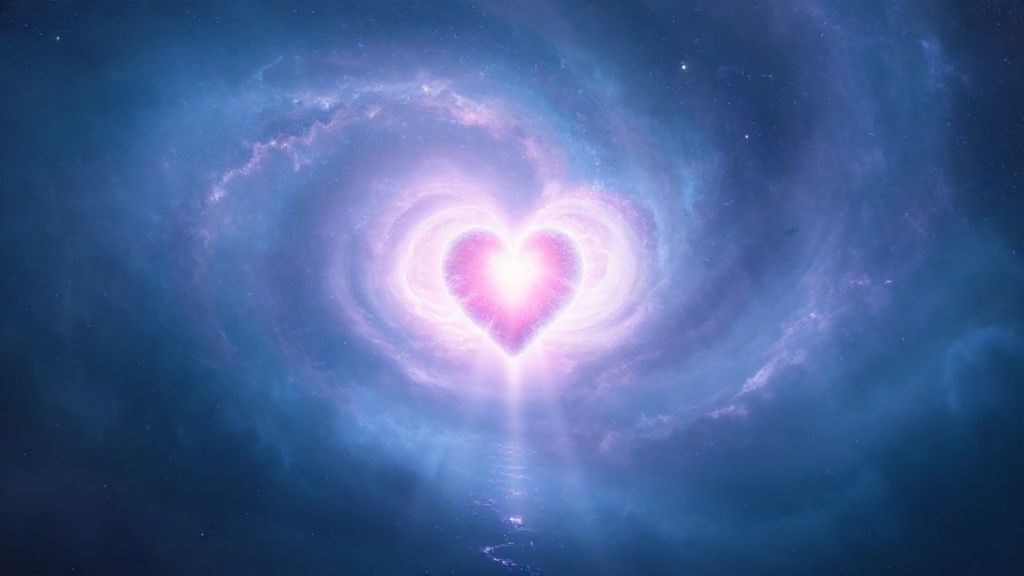 A lone, luminous heart, pulsating gently within a swirling nebula of calming blues and purples. Ethereal light beams down, illuminating a path of resilience.