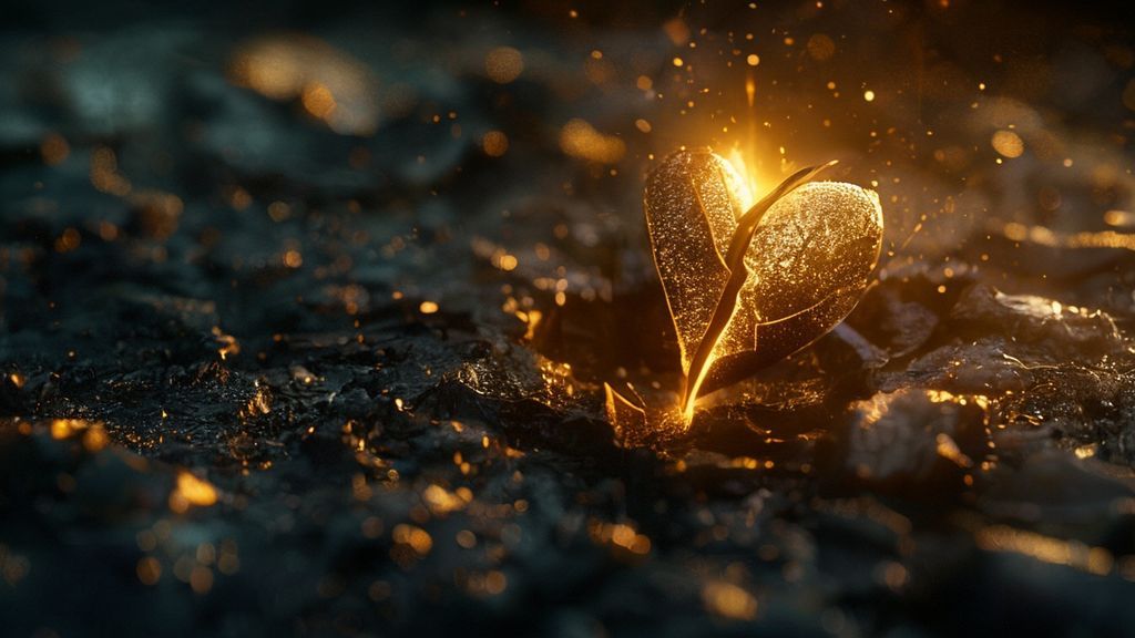 A lone, luminous seed germinates in darkness, light fracturing through cracks in a shattered, obsidian heart. Ethereal, golden light bathes the scene, 4k cinematic.