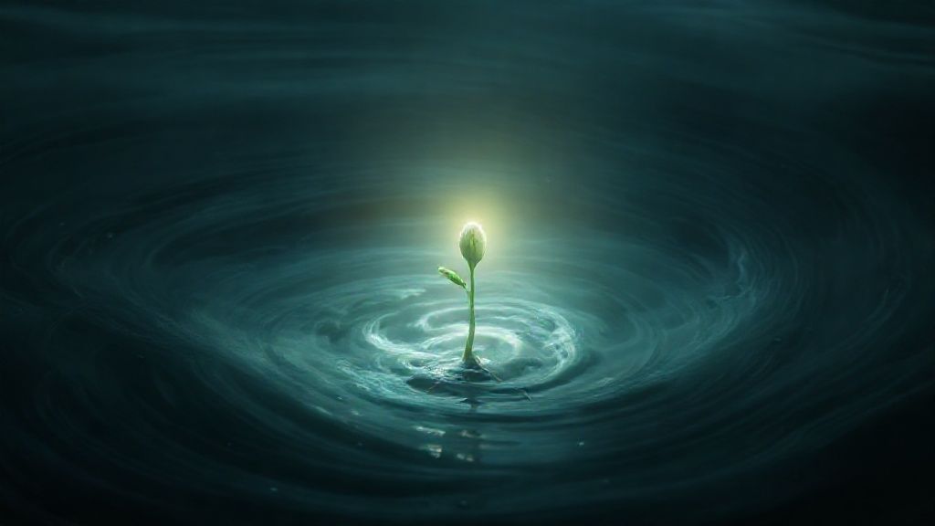 A lone, luminous seed germinating in swirling, dark waters. Soft, ethereal light breaks through, illuminating nascent roots reaching towards the surface. A calm, peaceful glow contrasts the turbulent depths.