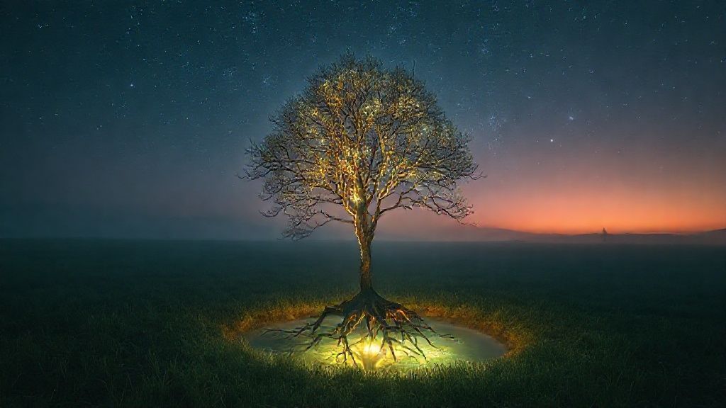 A lone, luminous tree growing in a field of twilight. Its roots delve into a hidden, glowing spring, reflecting the starry sky above. Mystic, ethereal, 4k, cinematic lighting.
