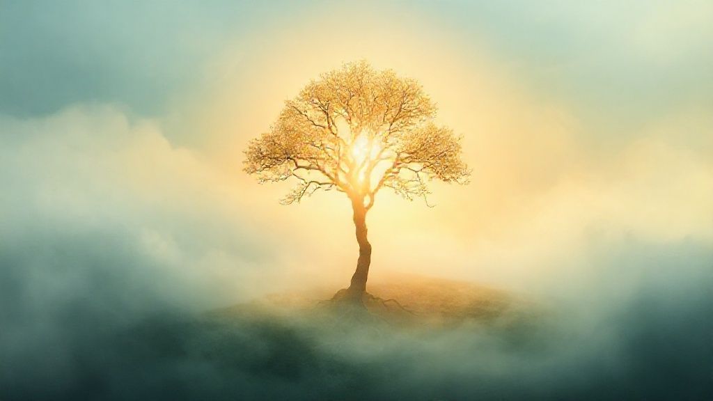 A lone, luminous tree rooted in swirling mists, branches reaching towards a soft, warm light. Subtle blues and greens blend with golden hues, creating an ethereal, hopeful aura.