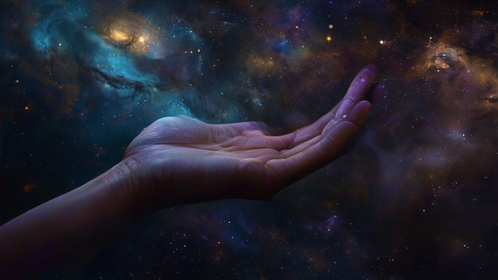 A lone, outstretched hand bathed in soft moonlight, cupped as if receiving a celestial blessing. Dark, swirling nebula forms a backdrop. Ethereal glow, deep blues, purples, and touches of gold.