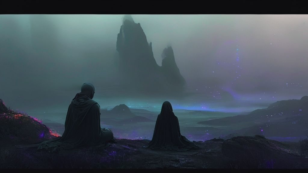 A lone, pale figure sits draped in shadows, gazing at a vibrant, bioluminescent Pandora landscape fading into a dull, grey reality. Cinematic lighting. Mystic and ethereal.