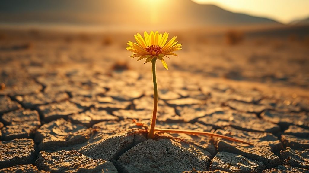 A lone, resilient desert flower, bathed in golden sunlight, pushes through cracked earth. Deep roots, glowing with inner light, anchor it amidst a desolate, wind-swept landscape. Cinematic.
