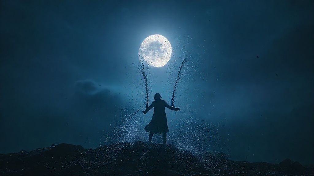 A lone, silhouetted figure breaking free from chains of despair, bathed in ethereal moonlight. The chains shatter into glittering dust, swirling against a backdrop of deep blues and purples. Cinematic, 4k.
