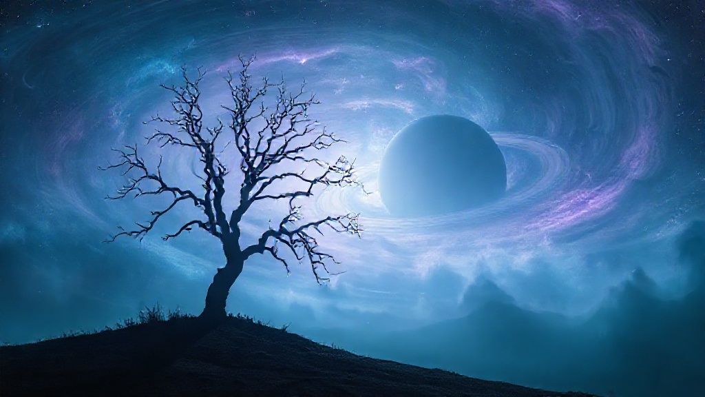 A lone, skeletal tree silhouetted against a swirling nebula of blues and purples. Ethereal light filters through, reflecting off Saturn's rings, casting long shadows. Mystic, 4k, cinematic.