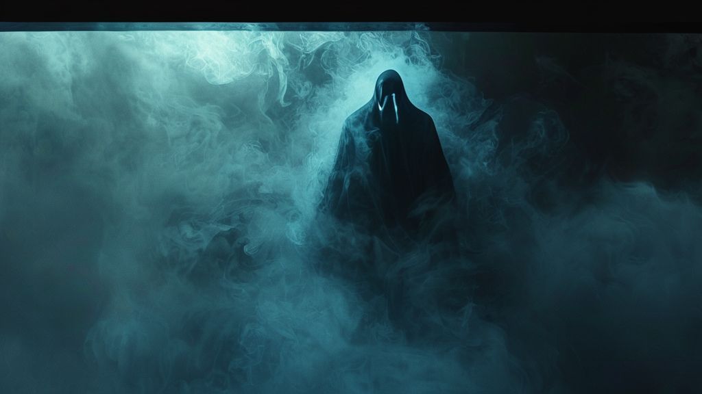 A lone, spectral figure bathed in ethereal blue light, emerging from shadowy depths. Symbolic of vulnerability, surrounded by swirling mists of anxiety. Mystic, 4k, cinematic.