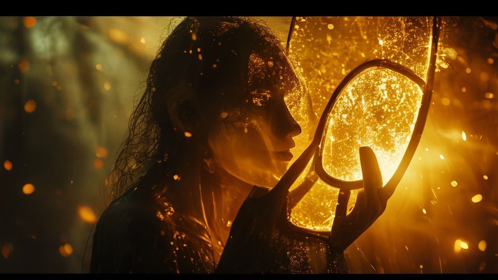 A lone, spectral figure bathed in golden light, holding a shattered mirror reflecting fragmented souls. Mystic, ethereal, 4k, cinematic lighting, symbolizing mental health challenges and support.