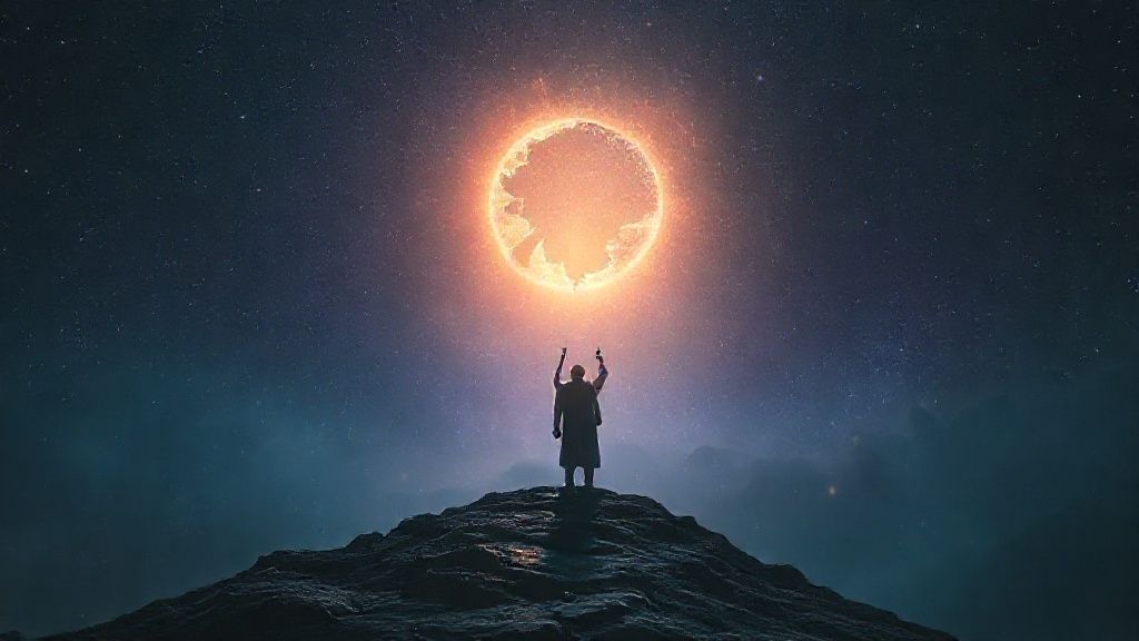 A lone, spectral figure reaching towards a fractured, glowing orb in a vast, star-dusted abyss. Cinematic lighting, deep blues, purples, and ethereal gold tones evoke hope's fragile whisper.