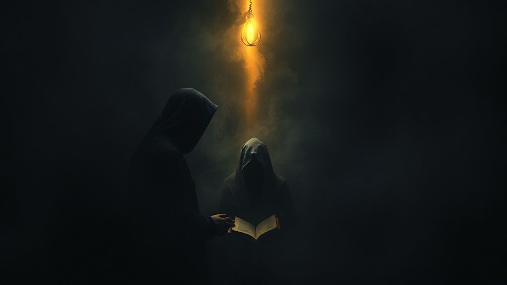 A lone, veiled figure in shadows, surrounded by swirling, inky blackness. A single, golden light beam illuminates a journal, softly glowing, amidst the dark, ethereal void.