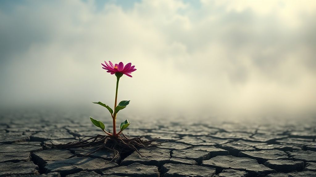A lone, vibrant flower, roots tangled in cracked, barren earth under a dim, swirling mist. Soft light struggles to illuminate the bloom, casting long shadows.