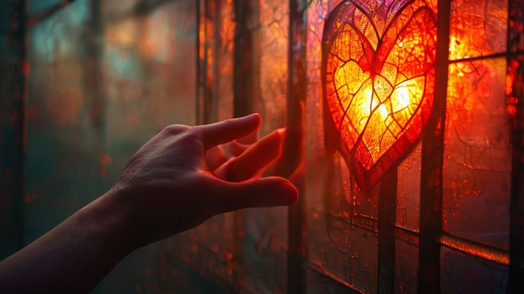 A lone, weathered hand reaching towards a softly glowing stained-glass window depicting a heart, bathed in warm, heavenly light. Misty atmosphere, vibrant colors, hope.