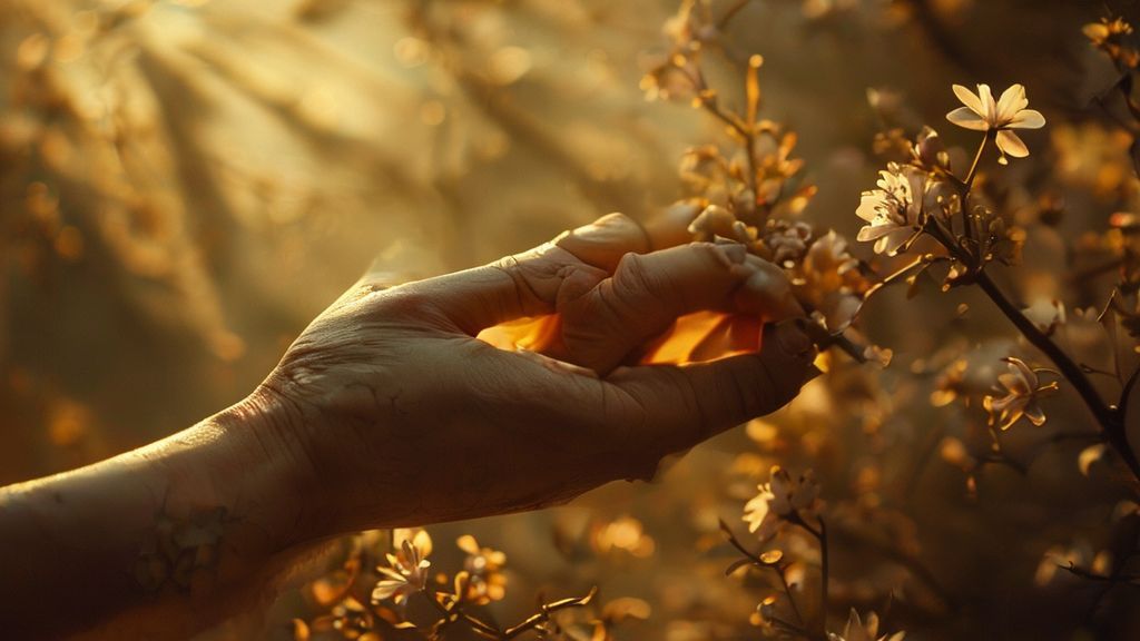 A lone, weathered hand sculpts clay in soft, golden light. Swirling shadows dance, representing released anxieties, transforming into delicate, blossoming flowers. Mystic, ethereal, 4k.
