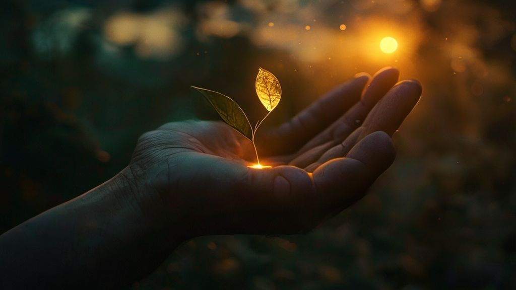 A lone, weathered hand, emerging from twilight, cradles a delicate, glowing seed. Light spills, illuminating the cycle of growth and decay within, reflecting Ransone's openness. Mystic, ethereal, 4k, cinematic lighting.