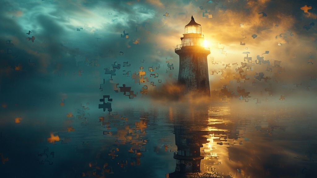 A lone, weathered lighthouse beam piercing swirling mist. Its light reflects off fragmented, floating puzzle pieces in muted blues and golds, symbolizing resilience and self-discovery. Mystic, ethereal, 4k, cinematic lighting.