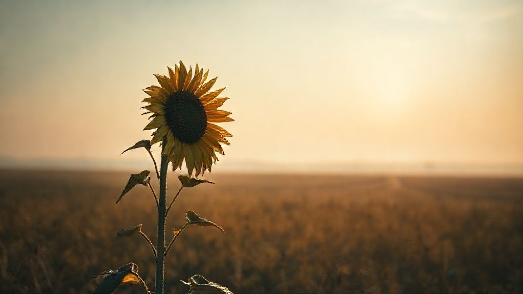 A lone, wilted sunflower in a desolate field, bathed in soft, melancholic sunlight. Wisps of ethereal light hint at unseen pathways towards a distant horizon. Mystic, 4k, cinematic.