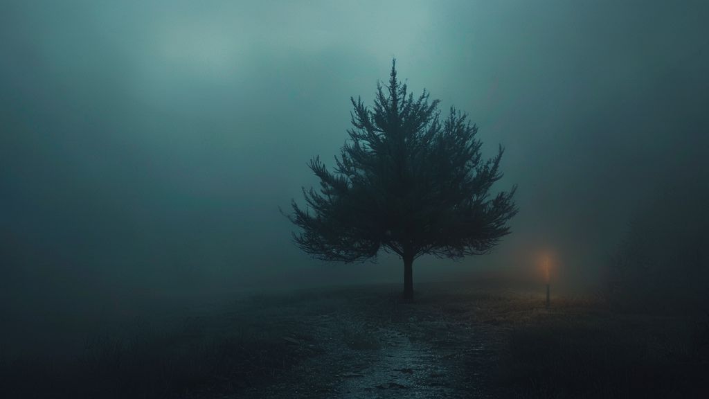 A lone, wilting evergreen tree shrouded in soft, blue mist. Flickering candlelight reveals a path diverging into shadows, representing conflicting family dynamics. Ethereal, cinematic, 4k.