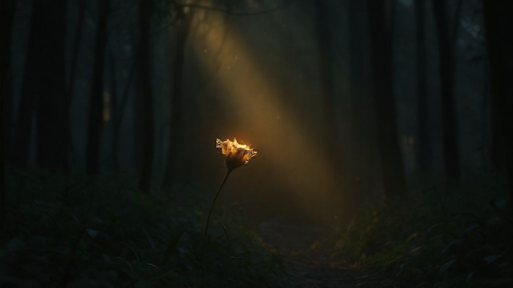 A lone, wilting flower glows softly amidst a dark forest. Ethereal light streams down, illuminating droplets on its petals. A path of warm light leads towards it, inviting rest and renewal.
