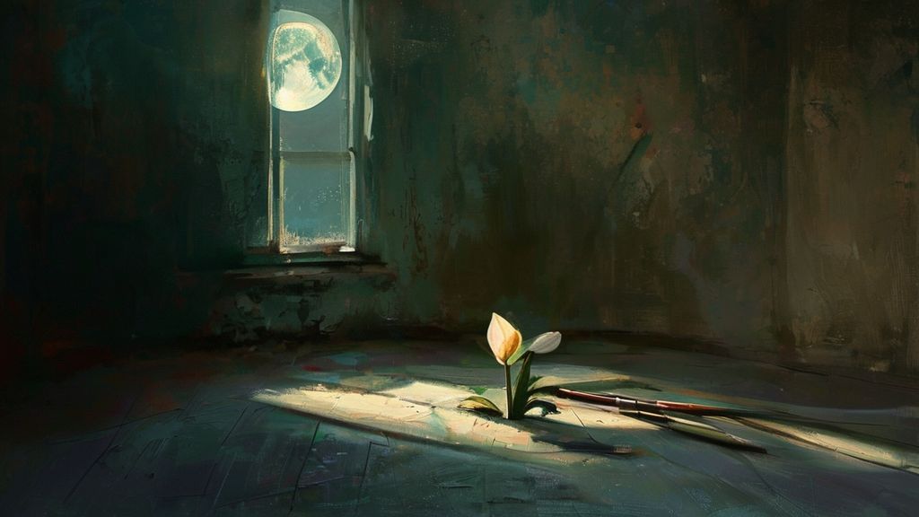 A lone, wilting flower glows softly in a moonlit room. Paint and brushes lay nearby, cast in shadows. Ethereal, gentle colors, cinematic. A feeling of creative healing.