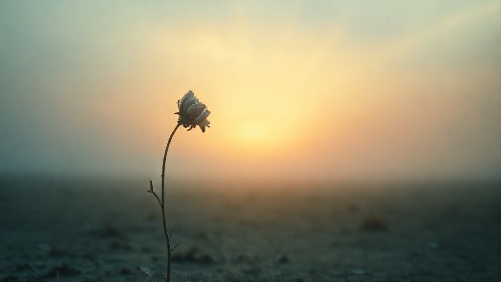 A lone, wilting flower in a desolate landscape, slowly unfurling towards a warm, diffused light. Soft blues and muted greens contrast with golden, hopeful rays. Mystic, ethereal, 4k, cinematic.