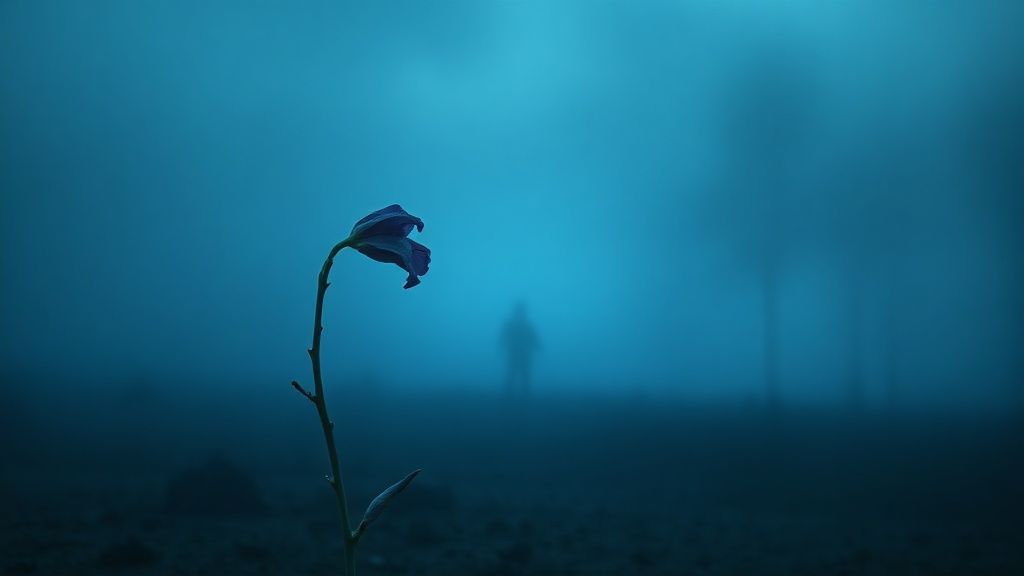 A lone, wilting flower in a desolate, twilight landscape. Ethereal, bluish light illuminates the flower's drooping petals. Misty, surreal atmosphere. Symbol of hopelessness, despair.