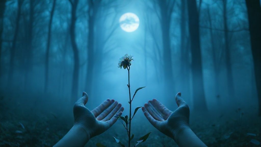 A lone, wilting flower in a moonlit, misty forest. Soft blue light bathes it as hands gently reach out, offering support and compassion. Whispers of hope swirl.