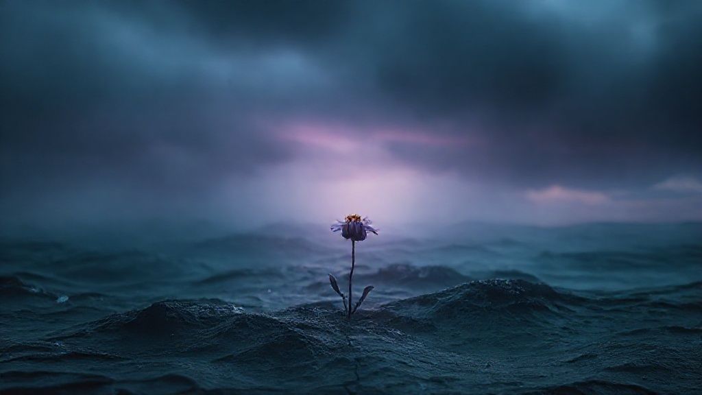 A lone, wilting flower in a storm-tossed sea of dark blues and violets. Faint, ethereal light barely touches the bloom, reflecting a fragile hope against a crushing, emotional sky.