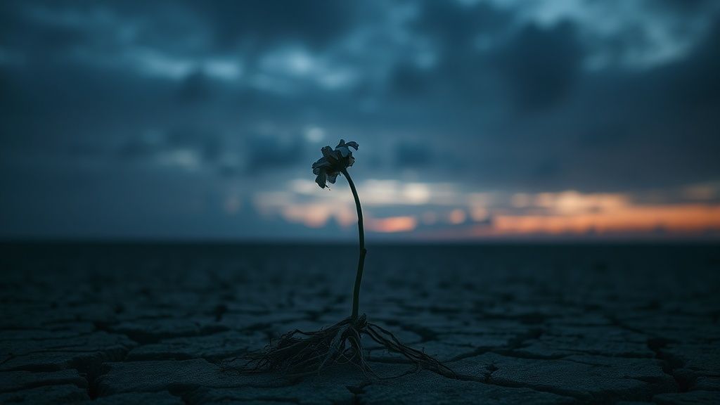 A lone, wilting flower in perpetual twilight, roots entangled in cracked earth. A heavy, indigo sky weeps shadows upon it. Mystic, ethereal, 4k, cinematic lighting.