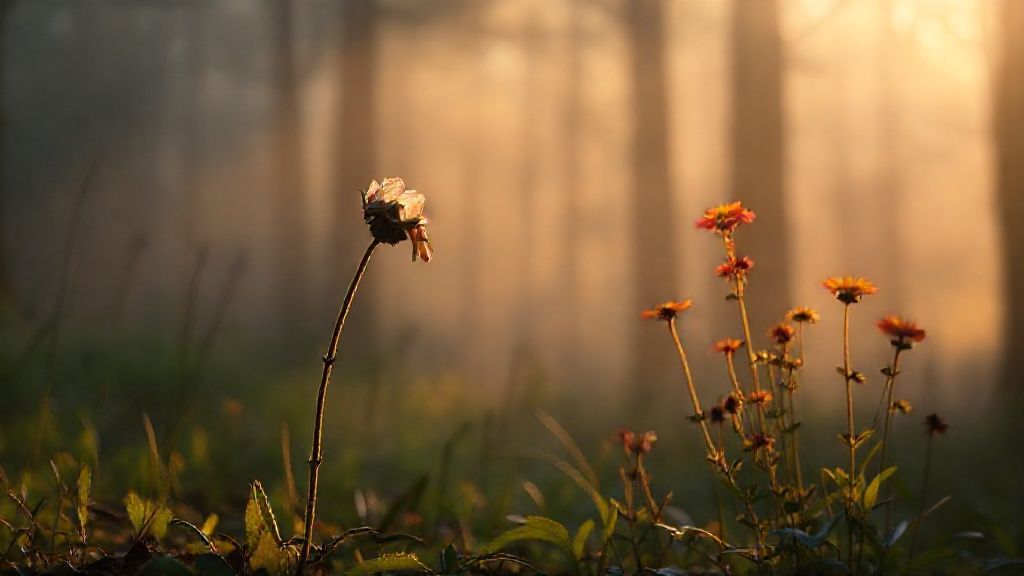 A lone, wilting flower in shadow, subtly illuminated.  Nearby, vibrant, companion plants bloom, bathed in warm, golden light. A misty, ethereal forest background.