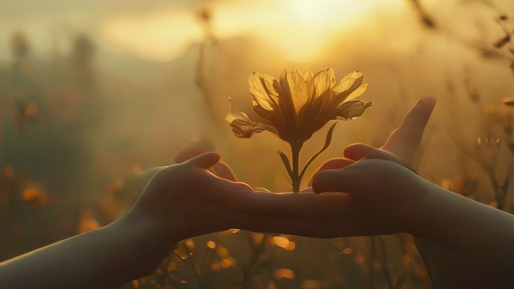 A lone, wilting flower in soft, golden light, petals unfurling towards a serene, misty dawn. Surrounding it, gentle hands offer support, embracing self-compassion. Mystic, ethereal, 4k, cinematic.
