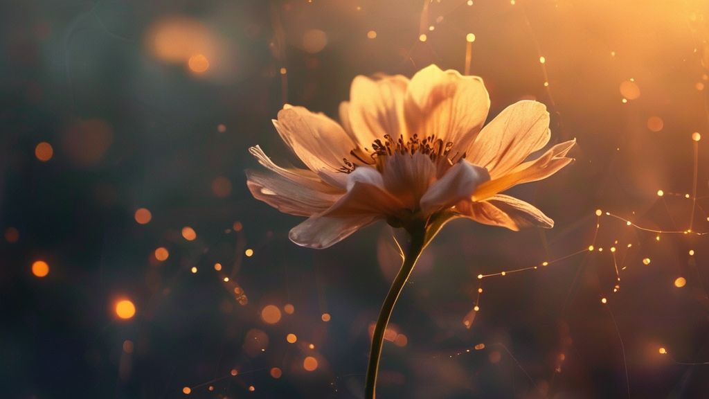 A lone, wilting flower in twilight, slowly blooming, bathed in soft, golden light. Surrounding it, a faint, ethereal network of glowing threads gently supporting its fragile petals.
