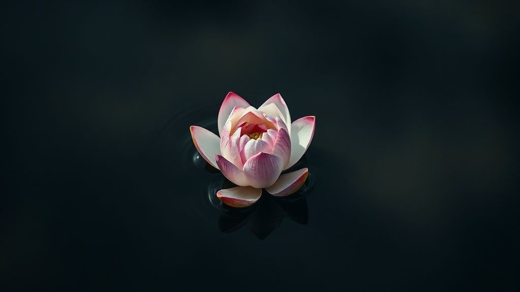 A lone, wilting lotus flower submerged in murky water, surrounded by swirling, dark shadows. Faint, ethereal light barely touches its decaying petals.