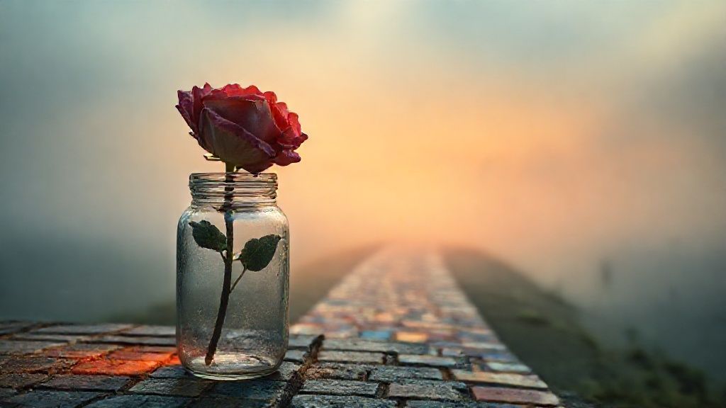 A lone, wilting rose in a mason jar, illuminated by a single, warm spotlight. Fractured, soft light reveals a path of colorful mosaic tiles leading towards an open, misty horizon.