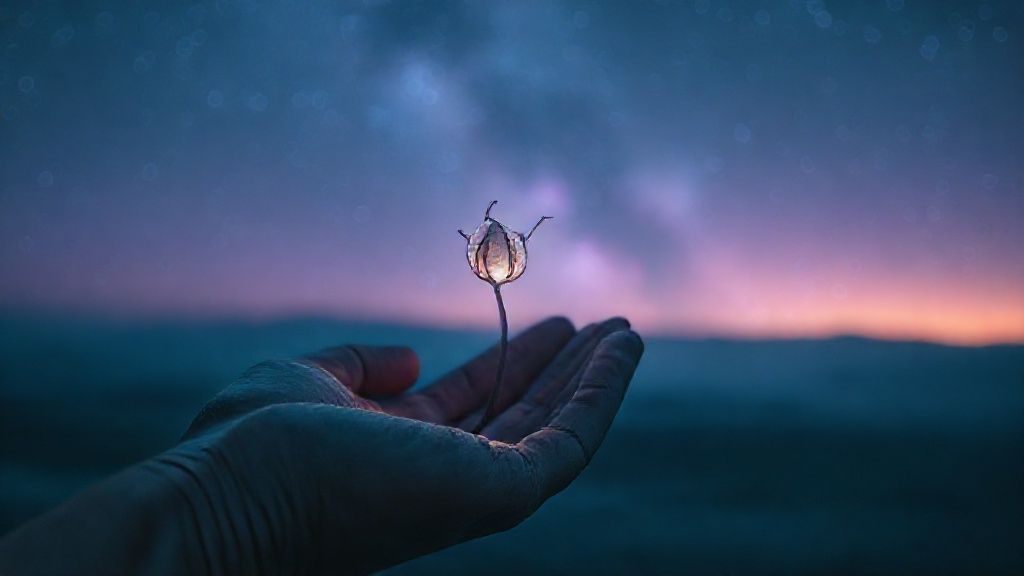A lone, wilting seed, glowing with inner light, held within a cracked, obsidian hand. Soft, melancholic blue and violet hues bathe the scene, reflecting a vast, star-dusted sky, whispering of lost dreams.