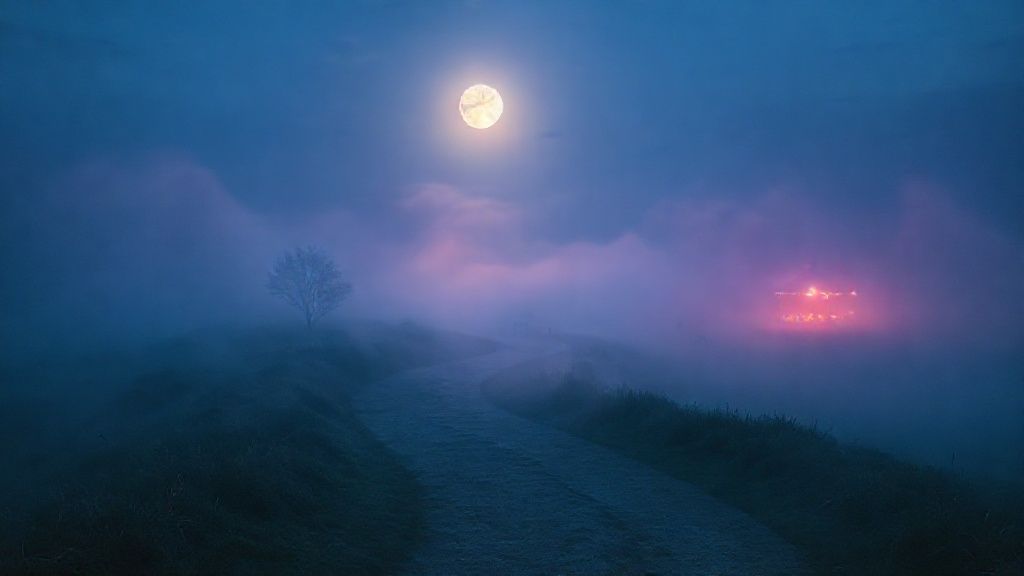A lone, winding path bathed in ethereal moonlight. Soft blues and violets blend, leading toward a distant, glowing cafe. Mist swirls, hinting at unseen collaborations and uncharted journeys.
