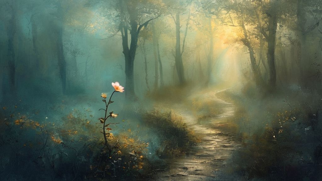 A lone, winding path through a misty forest. Sunlight barely pierces, illuminating a single, hopeful bloom. Colors: muted greens, soft blues, and a touch of gold. Mystic, ethereal.