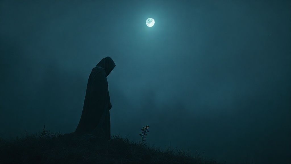 A lone, withered figure draped in shadows, beneath a gray, starless sky. Moonlight barely touches a single, glowing herb. Deep blues and grays, ethereal mist. Cinematic, 4k.