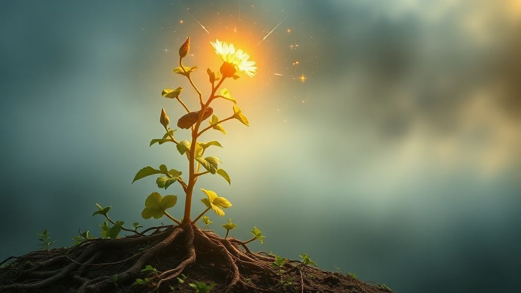 A luminescent Ashwagandha plant glows, roots intertwined with a celestial Rhodiola flower. Ethereal light bathes a scene of calm, a whisper of a natal chart fading into the mist.